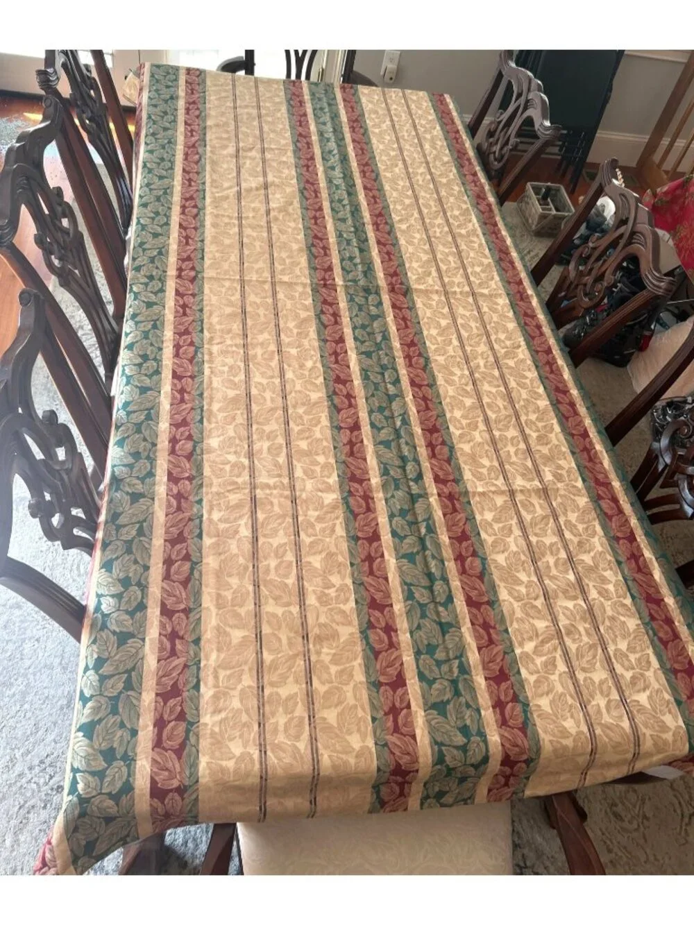 Vintage 90s Fall Leaves Tablecloth 60x95 Gold Teal Burgundy Autumn Decor